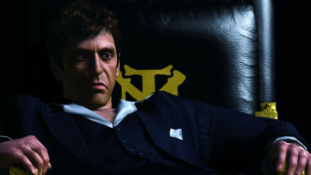 Tony Montana in luxurious chair intense pose Scarface game inspired wallpaper background