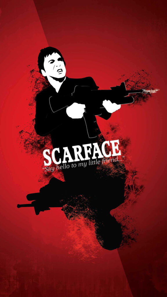 Tony Montana iconic Scarface wallpaper holding gun with Say hello to my little friend phrase red background