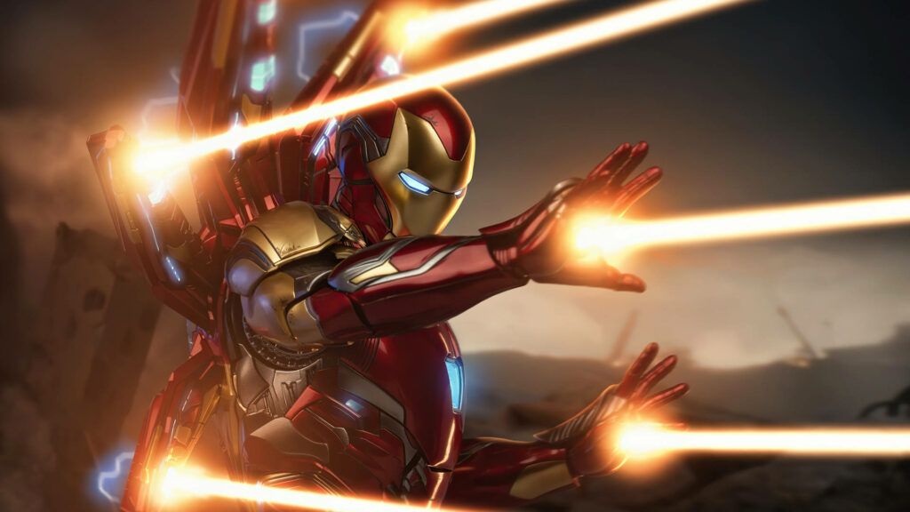 Iron Man in red gold armor firing repulsor blasts in detailed war-torn Marvel CGI wallpaper