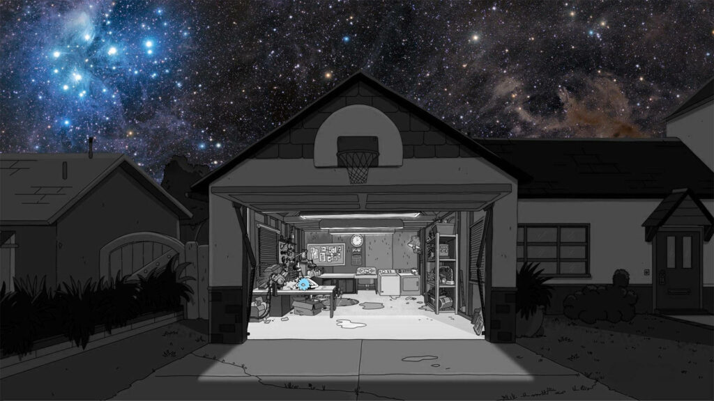 Garage Chaos: Rick and Morty's Adventurous Quest for Mischief Supplies Wallpaper