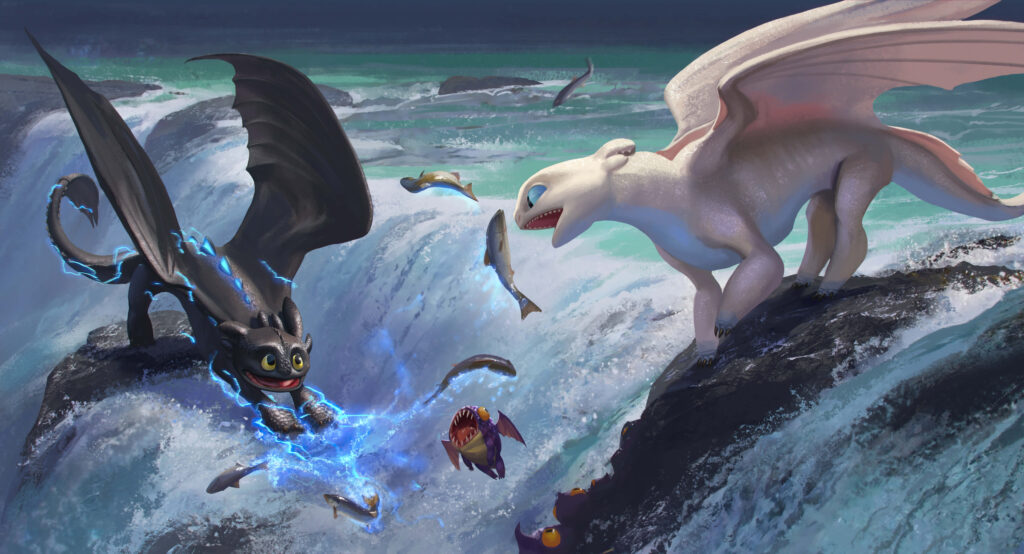 Toothless & Light Fury: Playful Ocean Wallpaper Background