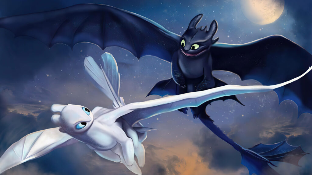 Toothless & Light Fury Soar in Moonlit Sky - Stunning Wallpaper