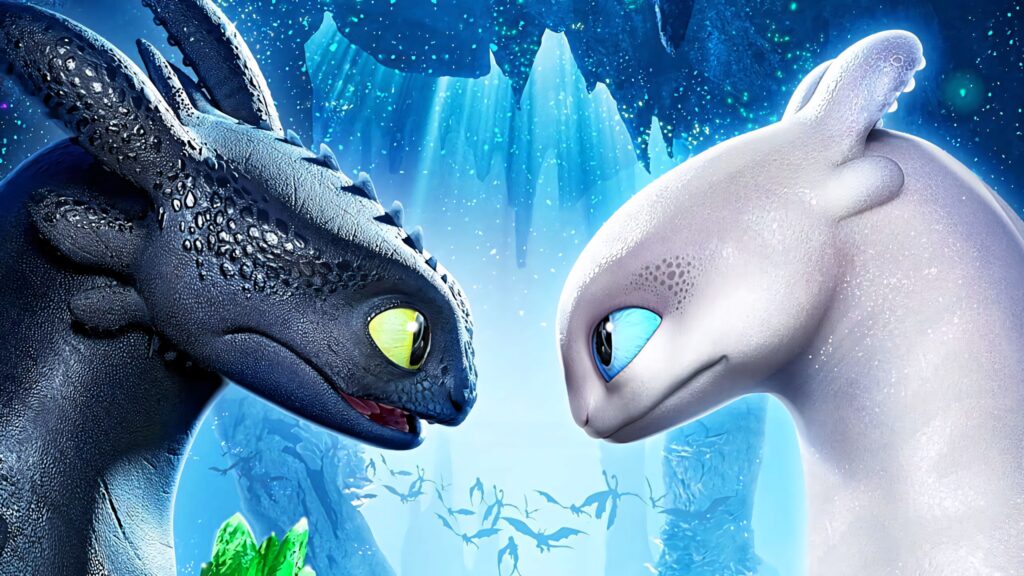 Toothless & Light Fury: Stunning Icy Cavern Wallpaper Background