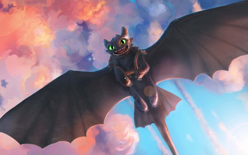 Toothless Soars in 4K: Vibrant Cloudy Sky Wallpaper from How To Train Your Dragon