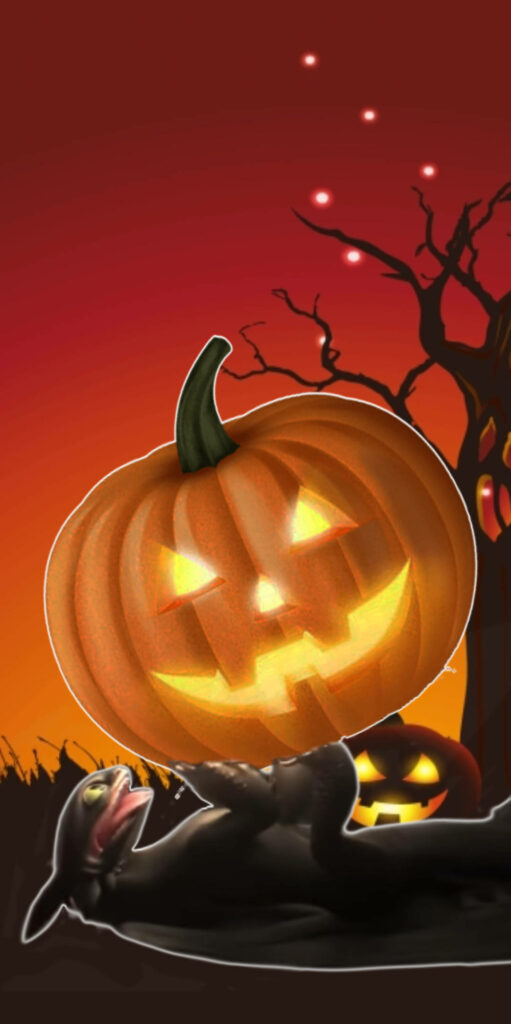 Enchanting Forest Playtime: Toothless from How to Train Your Dragon Delights with a Halloween Pumpkin - Captivating Halloween Phone Background Wallpaper