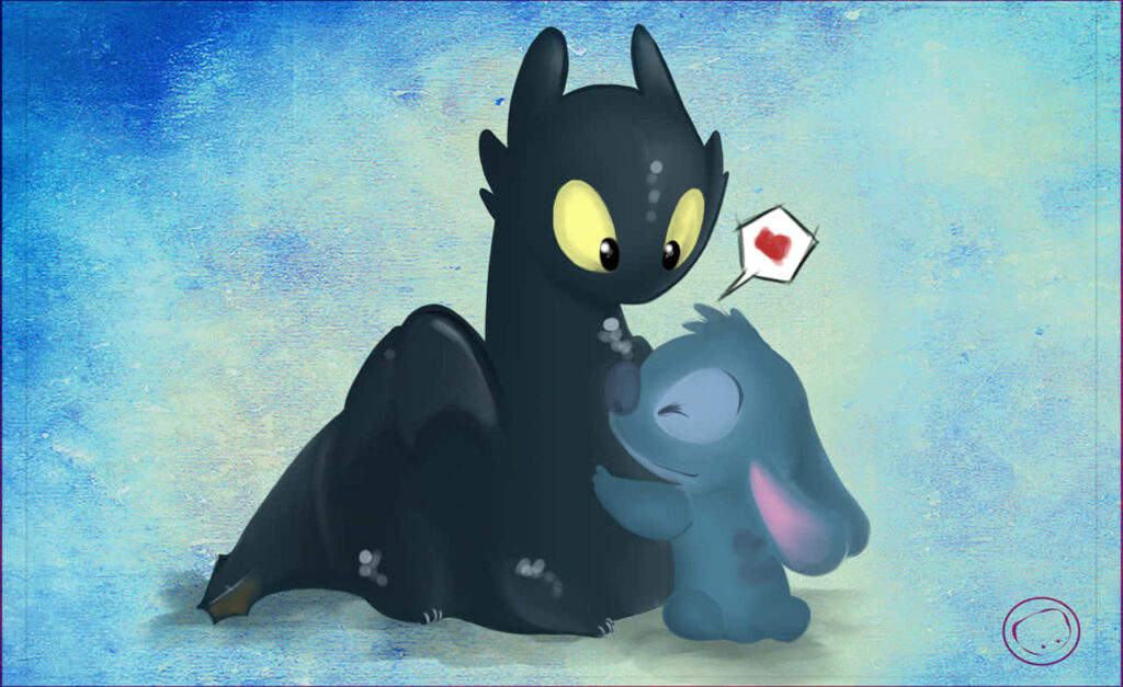 Heartwarming Toothless & Stitch Wallpaper on Textured Blue Background