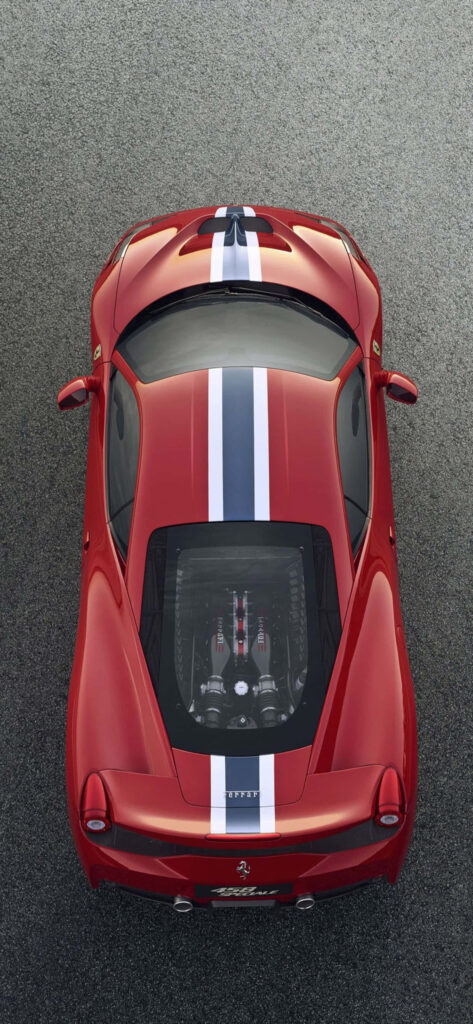 Top-down view of red 2014 Ferrari 458 Speciale with bold racing stripes wallpaper background