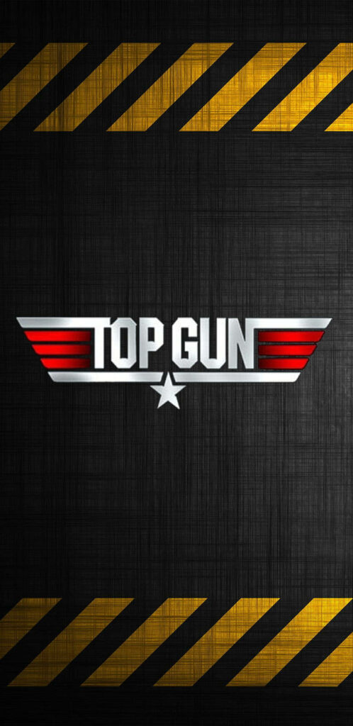 Top Gun Maverick emblem wallpaper with silver red logo on black industrial background yellow stripes