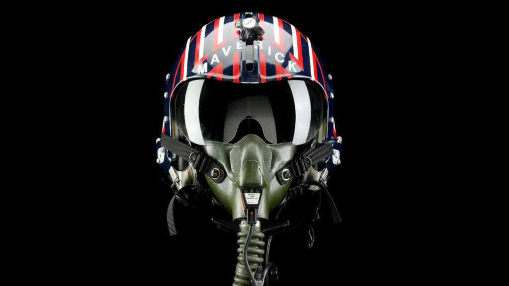 Top Gun Maverick pilot helmet wallpaper with bold stripes and Maverick nameplate background