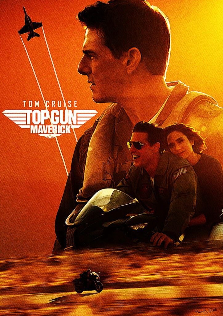 Top Gun Maverick wallpaper with Tom Cruise as Pete Mitchell and Penny Benjamin sunset jets background