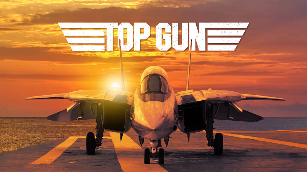 Top Gun Maverick wallpaper of combat airship on aircraft carrier at sunset with Tom Cruise vibe