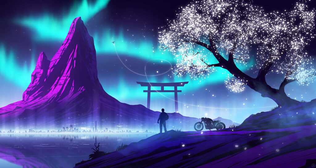 Nostalgic Reflections: A Vaporwave Dreamscape of Tori City's Majestic Mountains and Glowing Aura Wallpaper