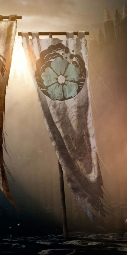 Symbol of Resistance: A Majestic Samurai Sigil Adorns a Weathered Scaffold in For Honor Wallpaper