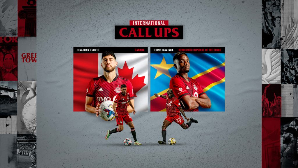 Toronto FC Jonathan Osorio Chris Mavinga sports wallpaper with Canadian DR Congo flags textured background