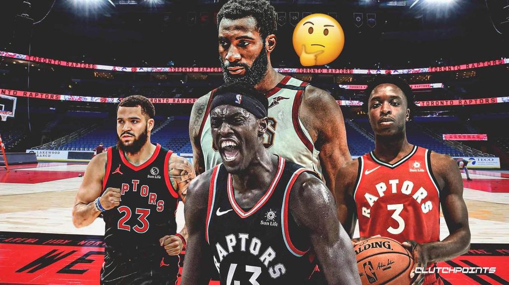NBA Raptors digital art of Fred VanVleet Pascal Siakam OG Anunoby Andre Drummond vibrant arena Wallpaper