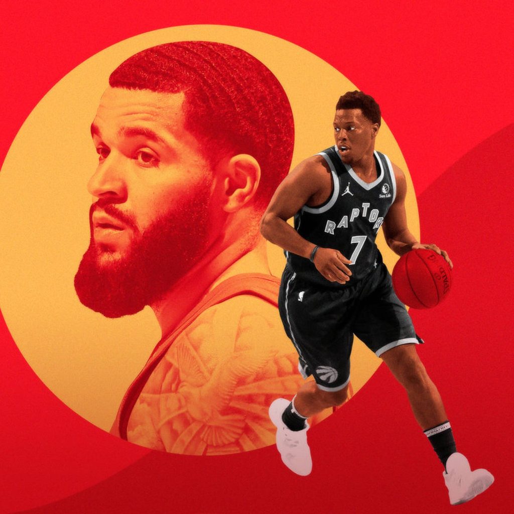 Toronto Raptors Kyle Lowry dribbling and Fred VanVleet vibrant red yellow basketball wallpaper
