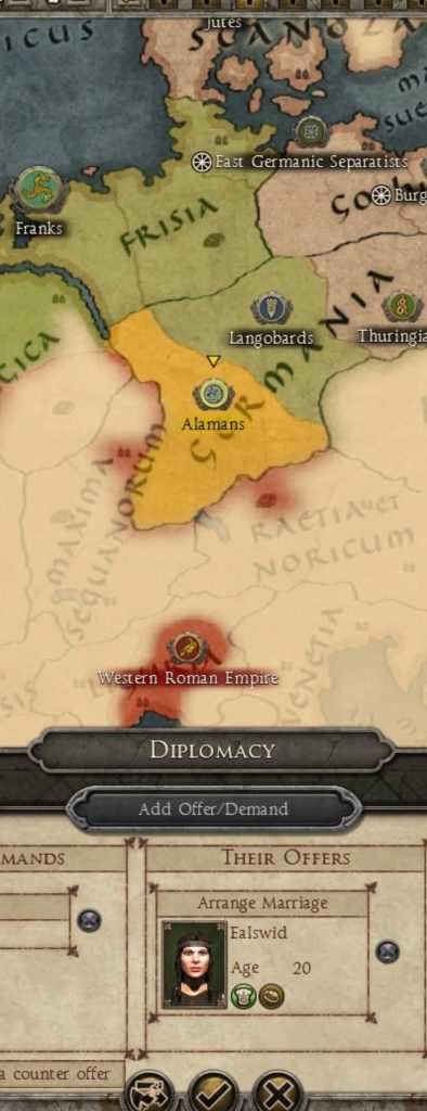 Total War Attila gameplay showing Germania campaign map and Arrange Marriage proposal for Ealswid Wallpaper