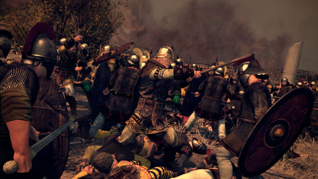 Intense close combat between armored warriors in a chaotic Total War Attila battlefield scene Wallpaper