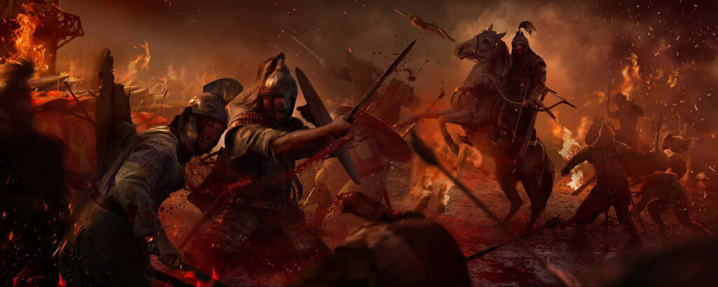 Fierce ancient warfare scene with clashing armies and blazing battlefield Total War Attila wallpaper