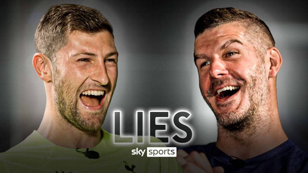 Tottenham Hotspur Ben Davies and Fraser Forster laughing with bold lies text on grey background wallpaper