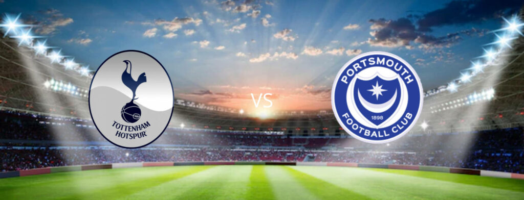 The Ultimate Showdown: Tottenham Hotspurs FC Vs. Portsmouth FC - Logo Battle on Stadium Backdrop Wallpaper