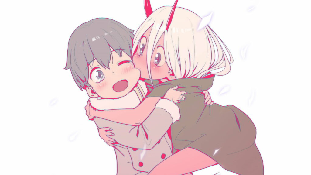Soulmates Reunited: Hiro and Zero Two Embrace their Childhood Connection in a Serene Anime Portrait Wallpaper