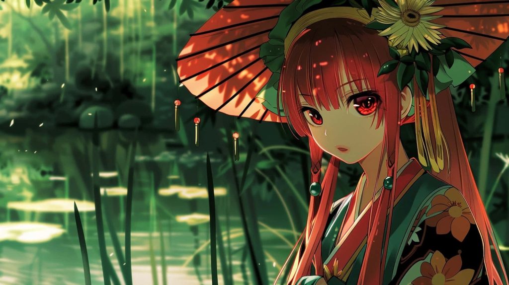 Hong Meiling from Touhou Project with red parasol by green lily pond anime wallpaper background