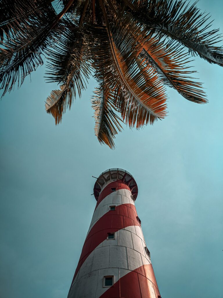 Bottom view of red and white lighthouse framed by palm leaves against clear blue tropical sky Wallpaper