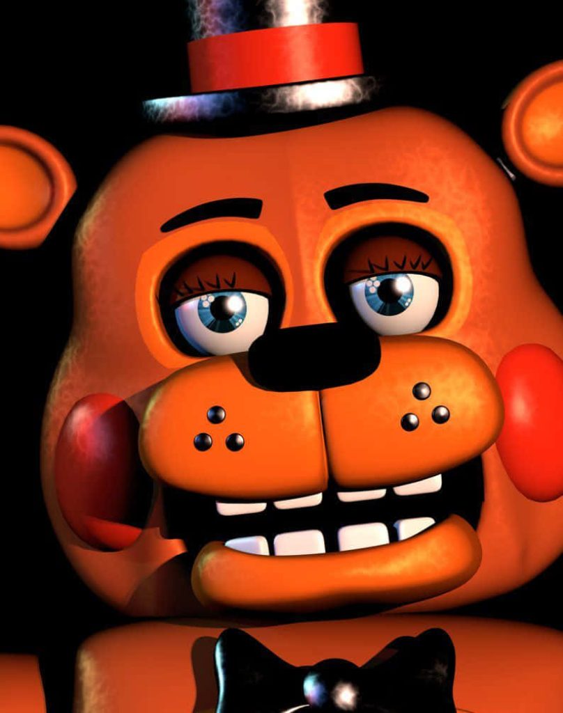 Toy Freddy 3D digital art with glossy texture red cheeks blue eyes dark Five Nights at Freddy's background Wallpaper