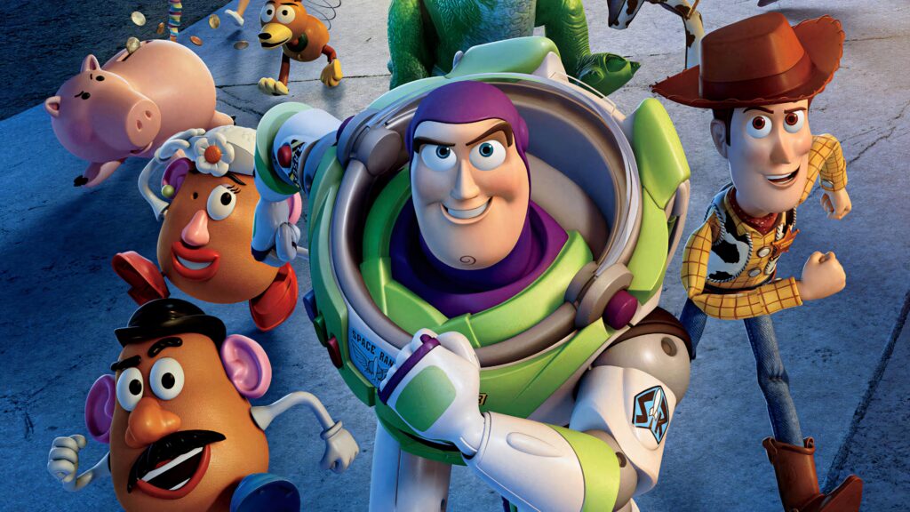 Buzz Lightyear leads Woody Rex and Toy Story friends running in colorful animated adventure scene wallpaper
