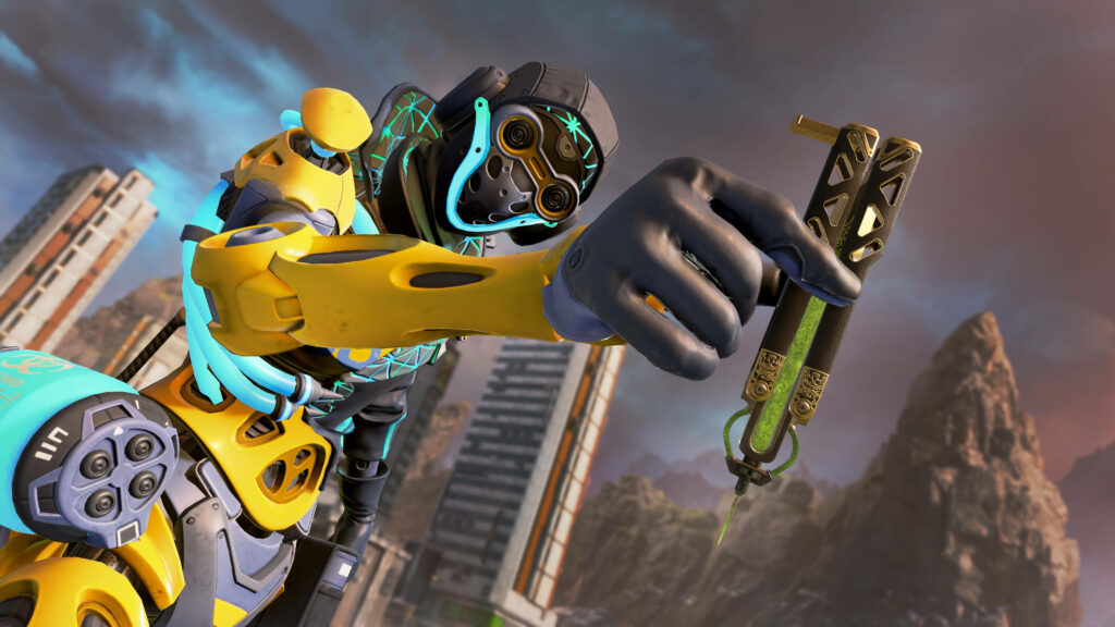 Revving Up Fun: Apex Legends Octane Flaunts His Toy in Cityscape Wallpaper
