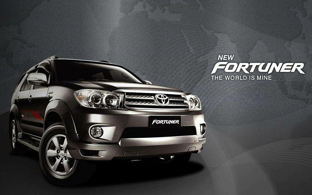 Toyota Fortuner G Model bold pose robust design world map backdrop The World is Mine wallpaper