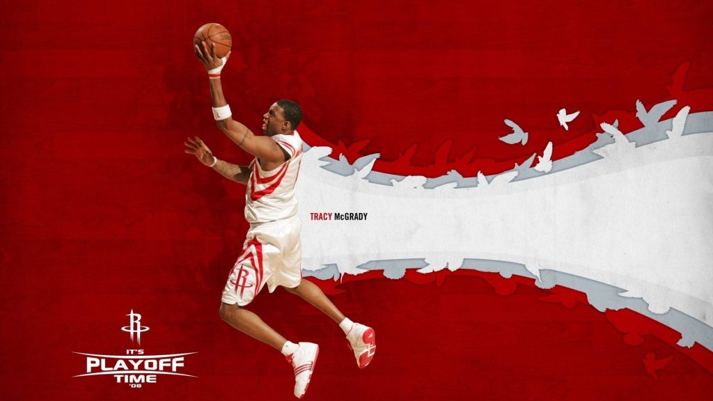 Tracy McGrady Rockets wallpaper leaping for shot red background playoff time 08 basketball