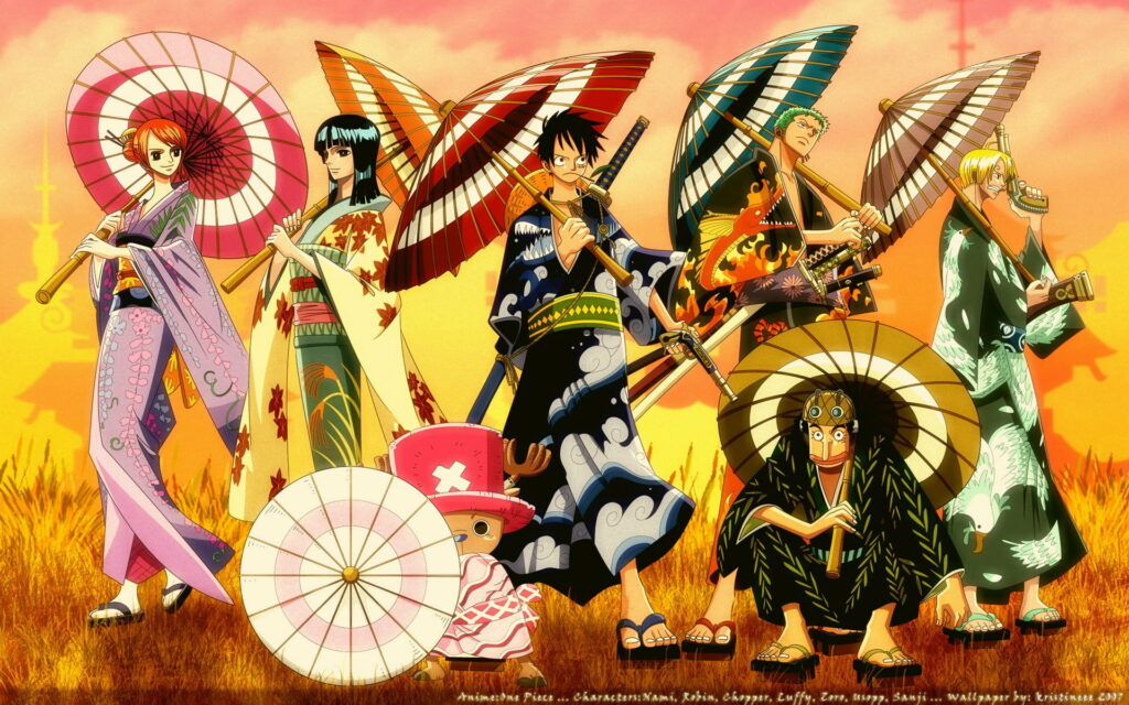 One Piece crew in traditional kimonos with parasols and swords in golden sunset field background Wallpaper