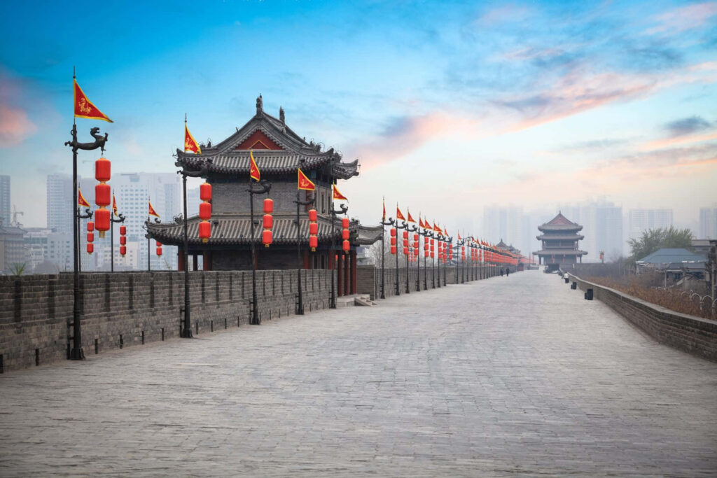 Traditional Chinese Wallpaper: Lanterns, Flags & Serene Cityscape