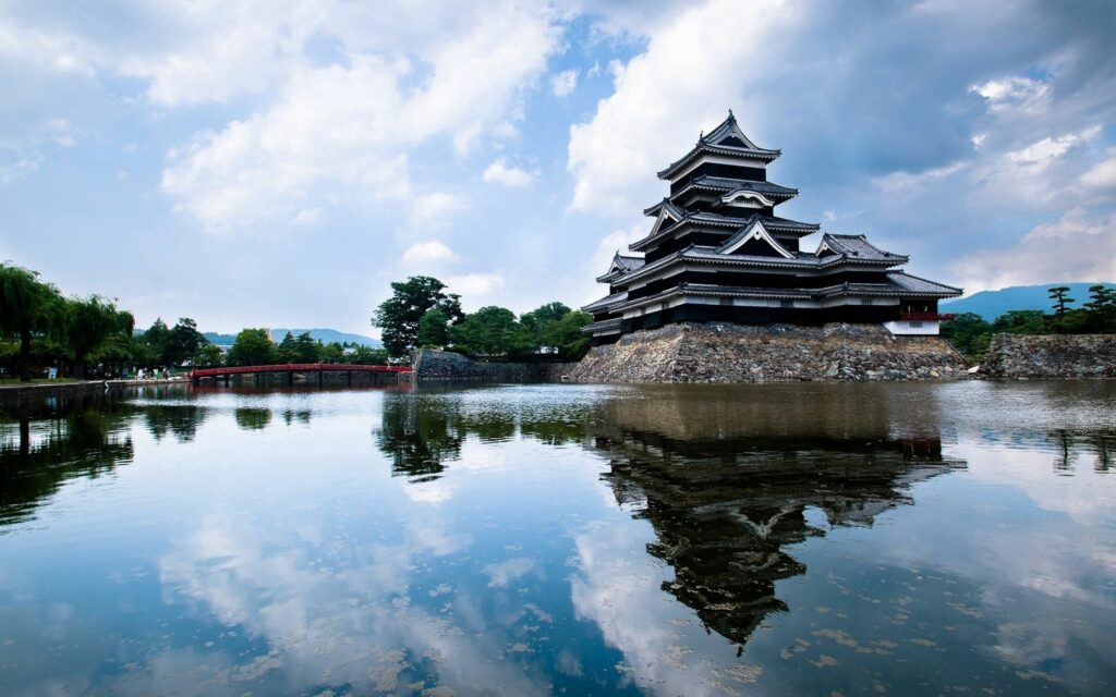 Traditional Japanese castle by reflective pond surrounded by lush greenery under blue sky wallpaper
