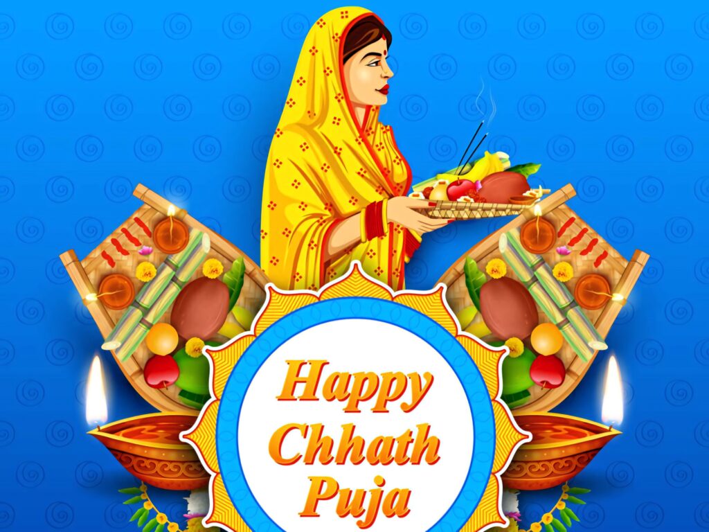 Traditional woman in yellow sari performing Chhath Puja rituals with puja thali on blue background Wallpaper