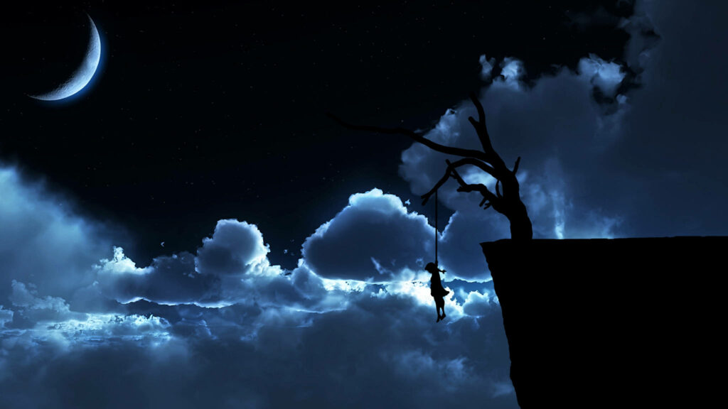 Lone silhouette hanging from twisted tree on cliff in blue moonlight dark surreal night sky wallpaper