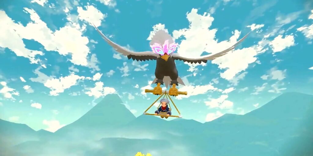 Trainer flying a wooden glider carried by Braviary in vibrant anime sky adventure wallpaper