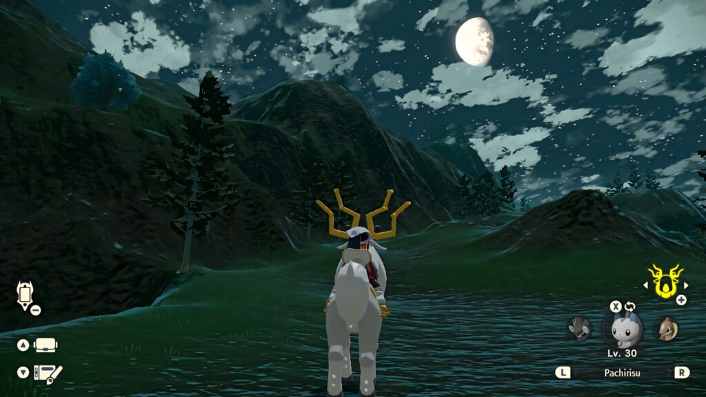 Trainer riding Wyrdeer under glowing moon with rugged mountains starry night Pokémon wallpaper