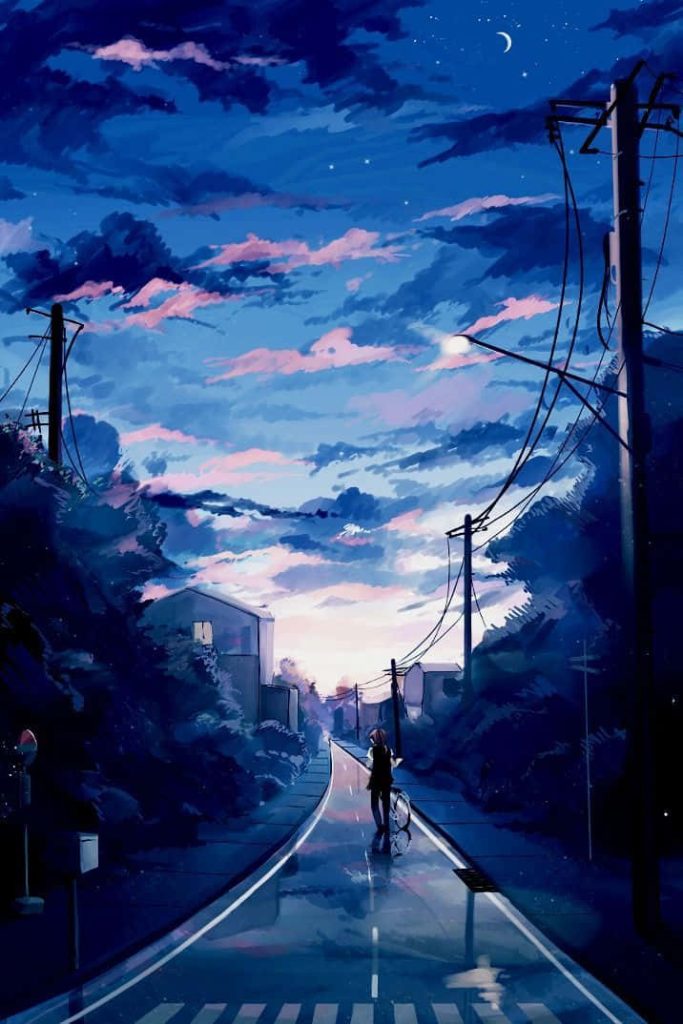 Serene anime wallpaper lone figure bicycle quiet suburban street twilight crescent moon clouds