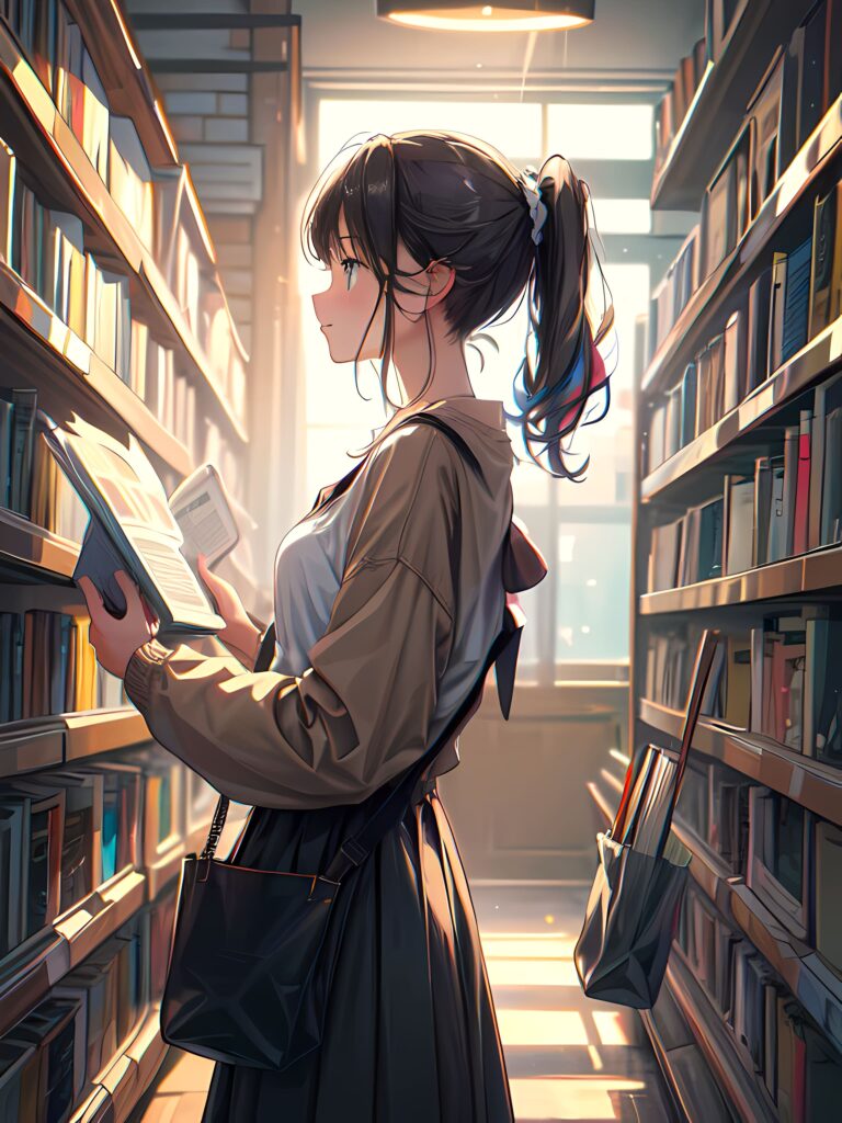 Anime Wallpaper: Girl in Ponytail Reading Amidst Bookshelves