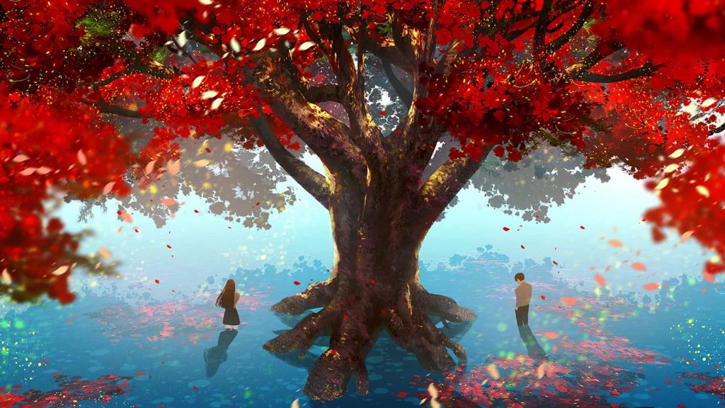 Anime-style digital art of a giant red tree over two figures in reflective water with falling petals Wallpaper