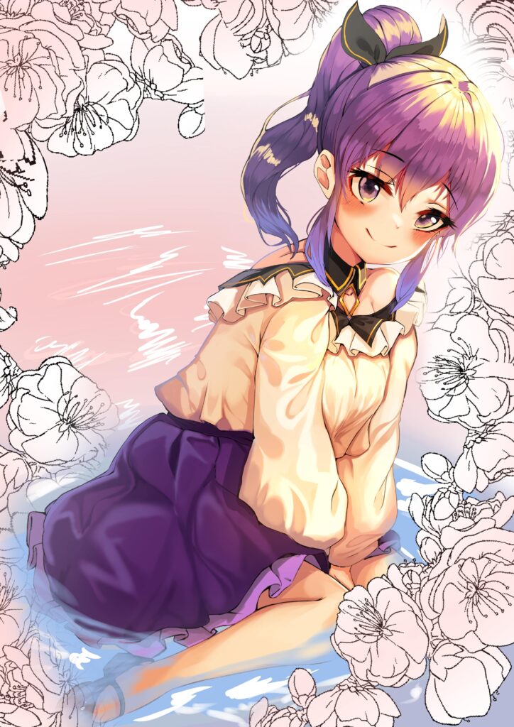 Tranquil Anime Wallpaper: Girl with a Warm Smile and Floral Bliss