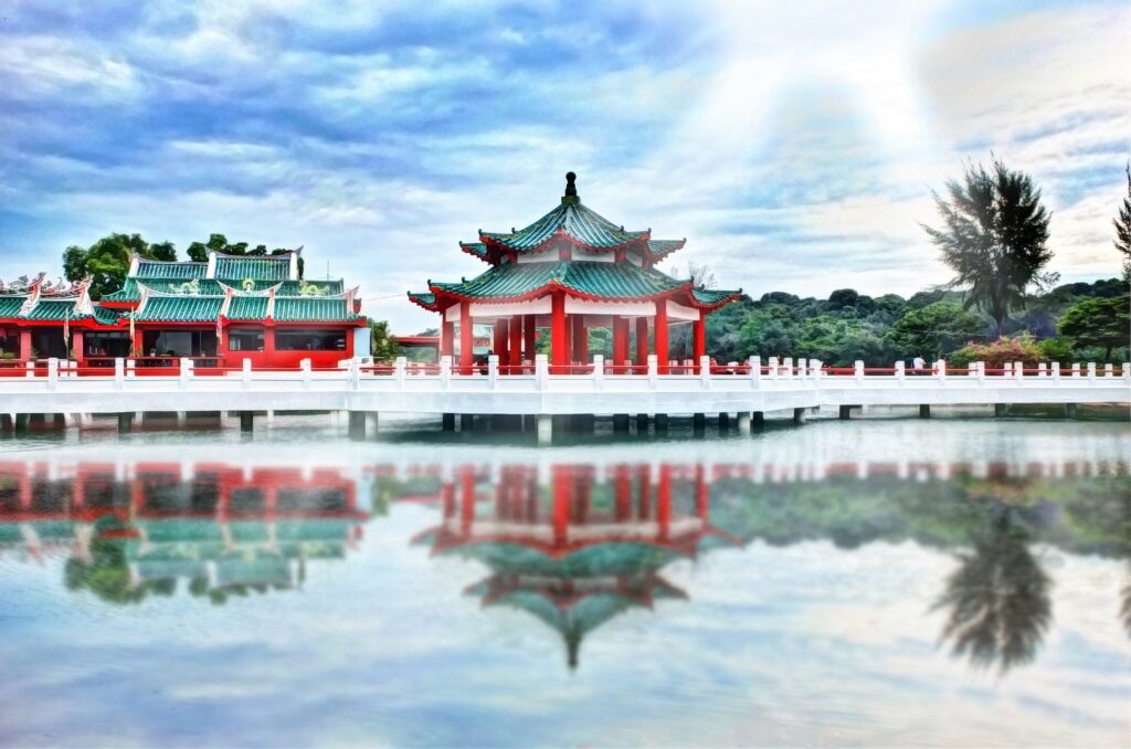Tranquil Asian Temple Wallpaper: Serene Reflections in Nature