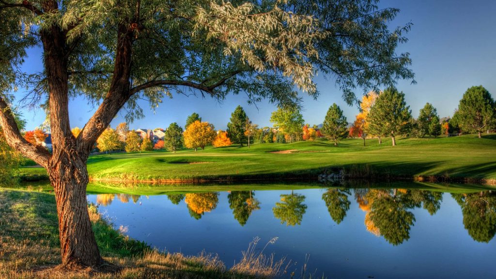 Serene golf course with autumn trees reflecting in pond bright daylight peaceful countryside Wallpaper