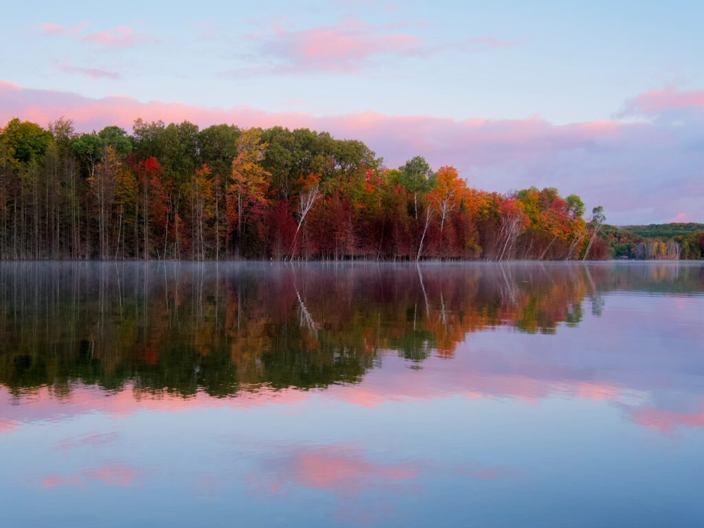 Autumn landscape wallpaper with vibrant orange red green trees reflected in calm lake under pastel sky