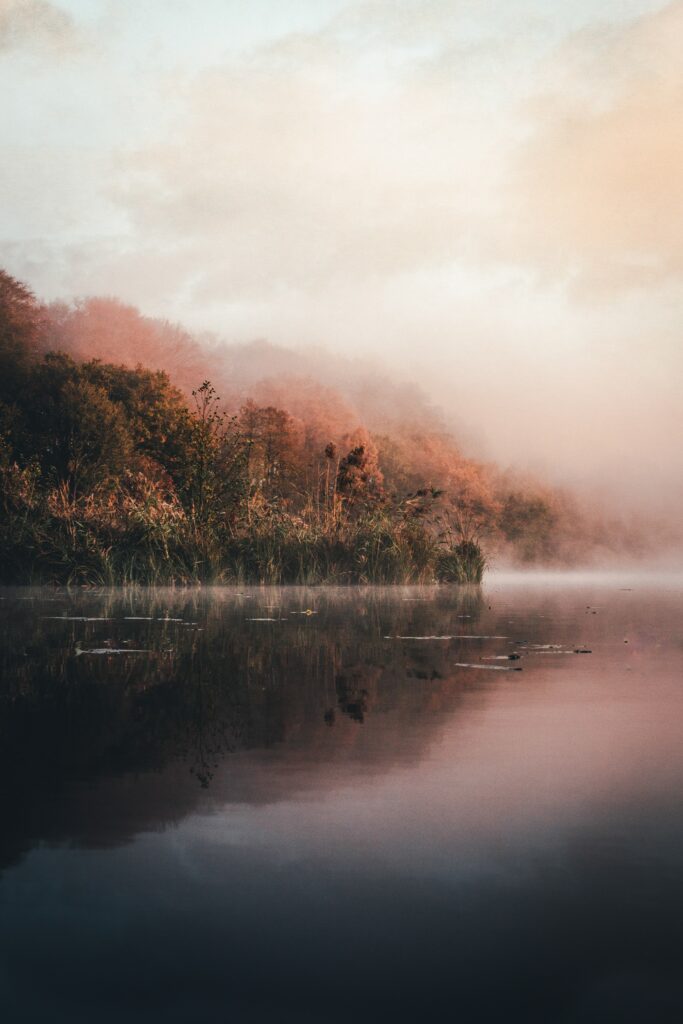 Tranquil autumn lakeside with morning fog pastel light peaceful wallpaper background scene