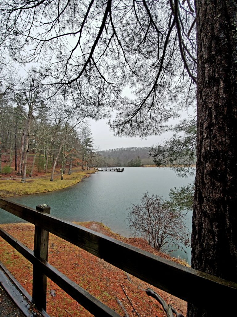 Tranquil autumn river landscape with calm blue water golden foliage and rustic wooden fence Wallpaper
