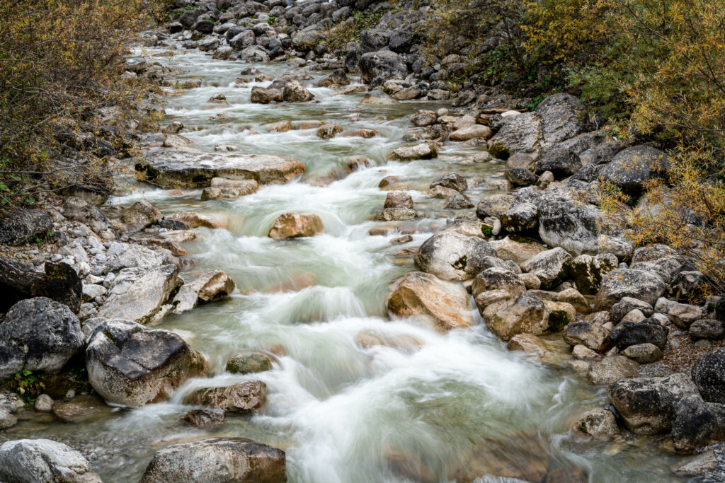 Serene autumn stream flowing over smooth stones with lush foliage and earthy rocks wallpaper